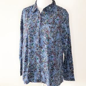 Lands' End Womens 16W Top Soft French Blue Floral Long Sleeve Button Front NEW